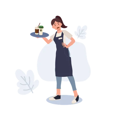 Waitress hold tray with coffee  Illustration