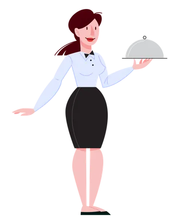 Waitress Standing In Restaurant Holding A Silver Tray Restaurant Staff In The Uniform Catering Service Isolated Vector Illustration In Cartoon Style Illustration