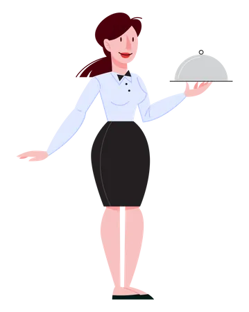 Waitress holding a silver tray  Illustration