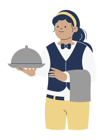 Waitress Holding Covered Dish  Illustration