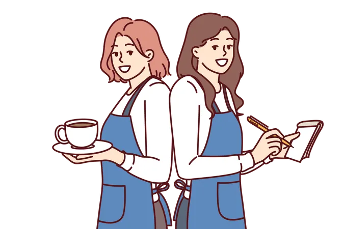 Happy Woman Waitresses Smiling Holding Coffee And Notepad For Writing Restaurant Customer Orders Two Waitresses In Aprons Work In Hospitality Industry Helping Cafe Customers To Have Good Time Illustration