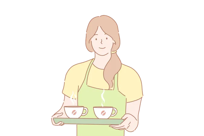 Cofee Barista Service Offer Order Advertising Concept Young Happy Woman Girl Barista Waitress In Apron Holds Tray With Two Cups Of Hot Cofee Cofeehouse Advertising Taking Order Service Sphere Illustration