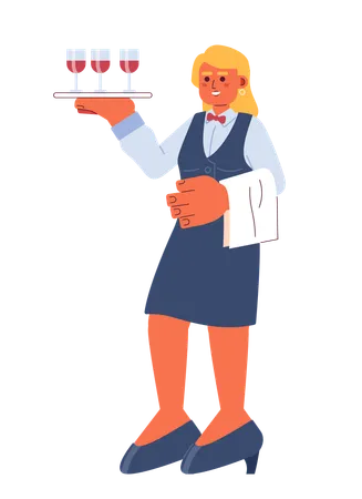 Waitress Restaurant Cartoon Flat Illustration Caucasian Female Hostess Server Carrying Tray Wineglasses 2 D Character Isolated On White Background Catering Servant Scene Vector Color Image Illustration