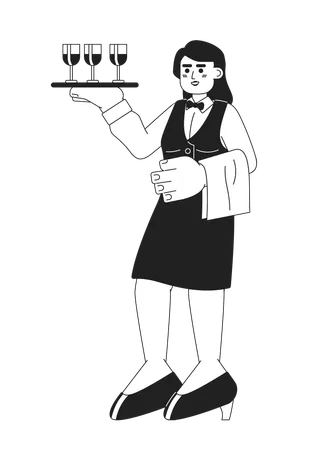 Waitress Restaurant Black And White Cartoon Flat Illustration Caucasian Female Hostess Server Carrying Tray Wineglasses Linear 2 D Character Isolated Catering Servant Monochromatic Scene Vector Image Illustration