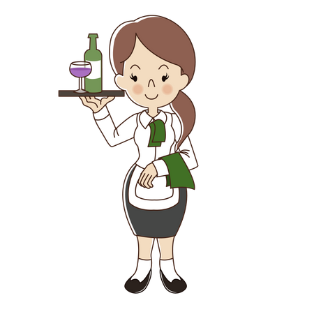 Waitress serve glass of wine and bottle of wine  Illustration