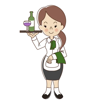 Waitress serve glass of wine and bottle of wine  Illustration