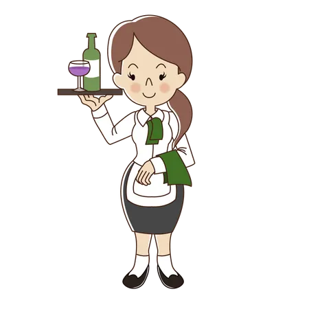 Waitress serve glass of wine and bottle of wine Illustration
