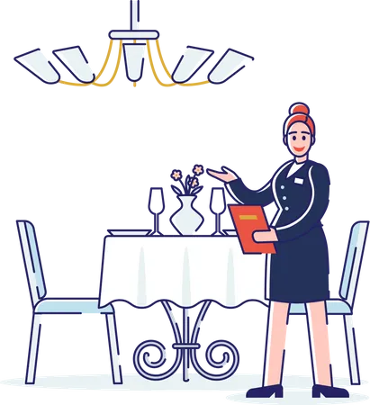 Restaurant Work Process Professional Service Concept Restaurant Staff At The Workplace Administrator Waitress Is Serving People In The Restaurant Cartoon Linear Outline Flat Vector Illustration Illustration