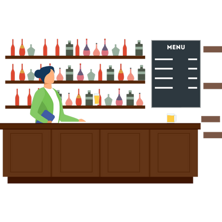 Waitress standing at bar counter  Illustration