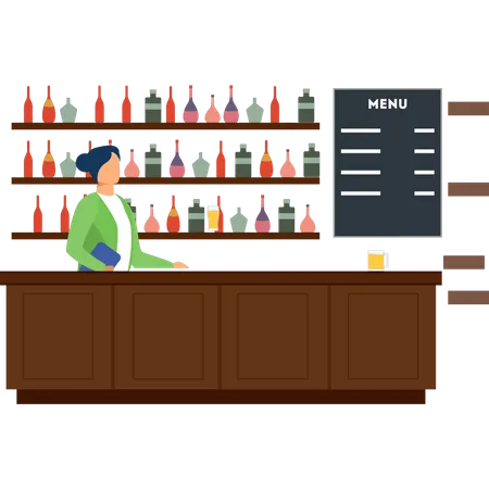 Waitress standing at bar counter  Illustration