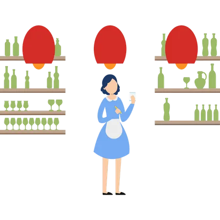 Waitress standing at bar  Illustration