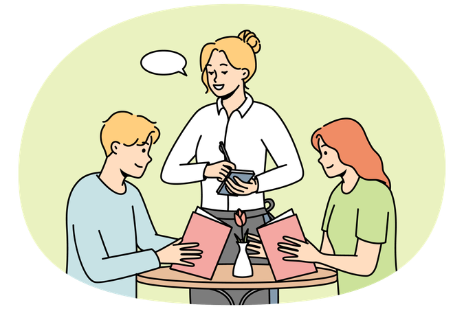 Waitress takes order from young couple in restaurant  Illustration