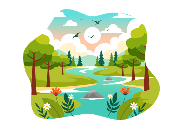 Blick auf den Wald und den Fluss  Illustration