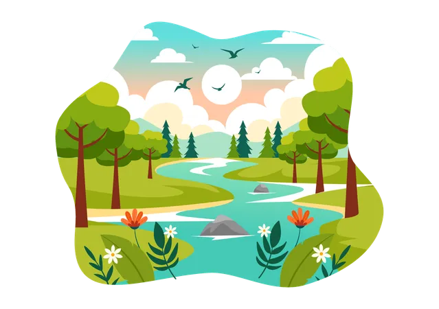 Blick auf den Wald und den Fluss  Illustration