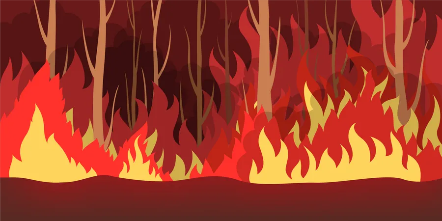 Waldbrand Konzept Heisse Rote Flamme Im Wald Naturkatastrophe Okologie In Gefahr Baum In Brand Vektorillustration Im Cartoon Stil Illustration