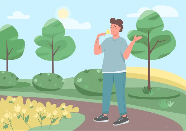 Walk In Park Flat Color Vector Illustration Guy Strolling In Public Garden Guy Smell Flower Springtime Happiness Green Meadow Happy Man 2 D Cartoon Characters With Landscape On Background Illustration