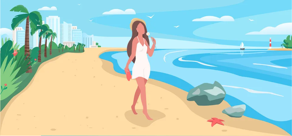 Walk On Beach Flat Color Vector Illustration Woman Alone Near Ocean Self Care For Women Resort For Recreation Female Tourist 2 D Cartoon Characters With Hawaii Landscape On Background Illustration