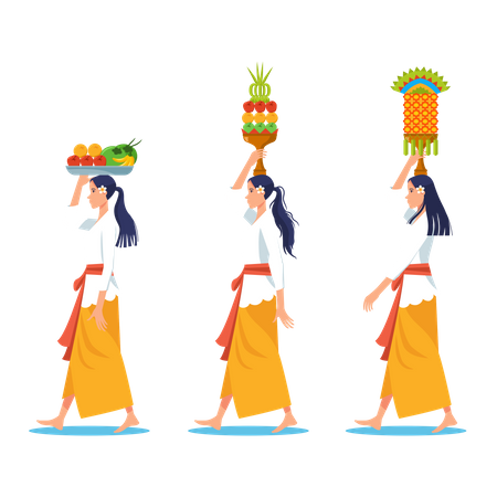 Walking Bali Women Carry Offerings For Purification Ritual Illustration