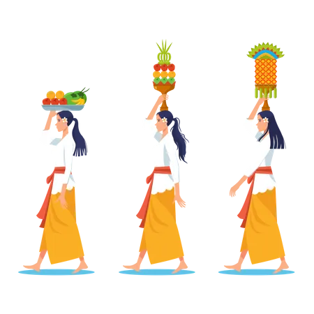 Walking Bali Women Carry Offerings For Purification Ritual Illustration