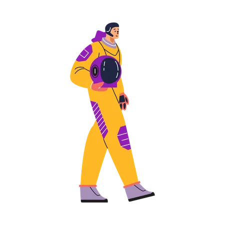 Walking female astronaut in a spacesuit with a helmet in her hands  Illustration