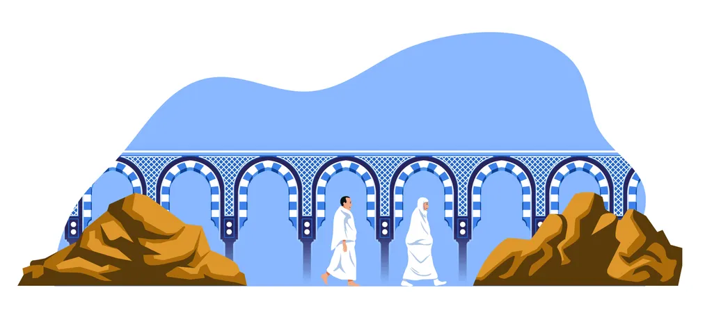 Walking Hajj Pilgrims Between Safa And Marwa Mount Illustration