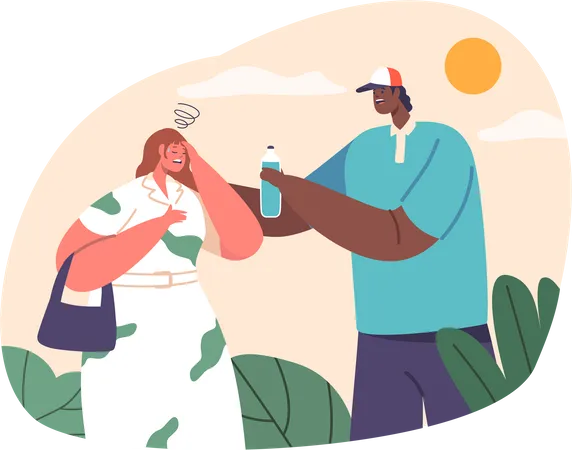 Walking On The Street During A Scorching Hot Day Woman Suddenly Feels Her Head Spinning And Her Vision Blurring While Passerby Male Character Gave Her Water Bottle Cartoon People Vector Illustration Illustration