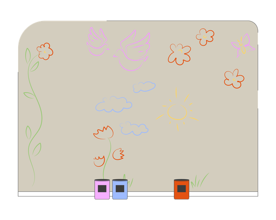 Wall mural with childish drawings and paint cans  Illustration