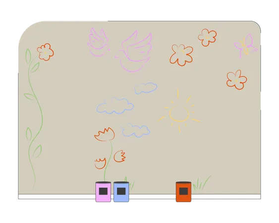 Wall mural with childish drawings and paint cans  Illustration