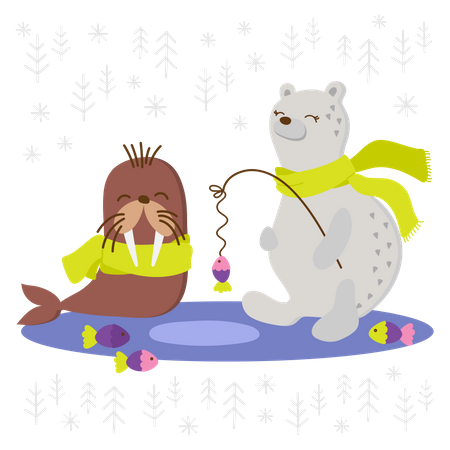 Walrus a Polar Bear Fishing during winter season Illustration