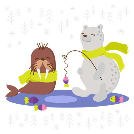 Walrus a Polar Bear Fishing during winter season  Illustration