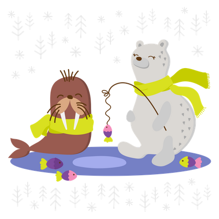 Walrus a Polar Bear Fishing during winter season  Illustration