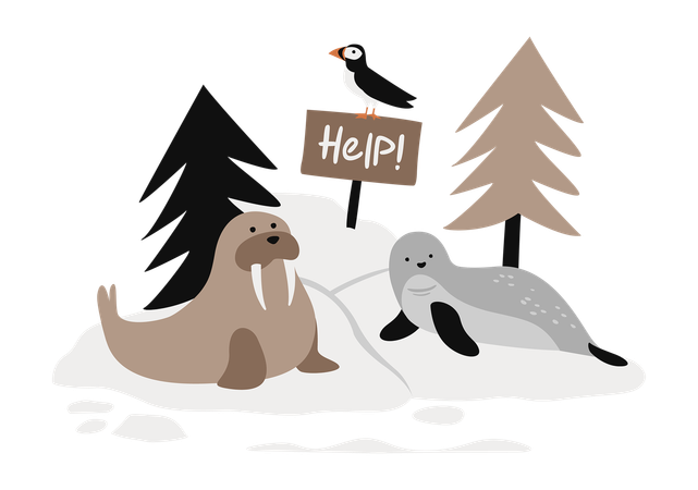 Walrus, Seal and Puffin with Sign On Iceberg  Illustration