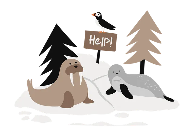 Walrus, Seal and Puffin with Sign On Iceberg  イラスト