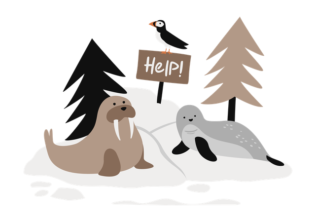Walrus, Seal and Puffin with Sign On Iceberg  일러스트레이션