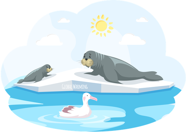 Walruses lie on ice floe and are saved from global warming  Illustration