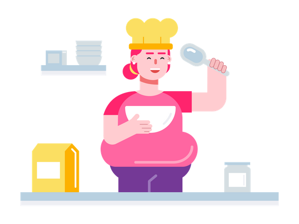 Waman holding a bowl of cake batter and stirring it  Illustration