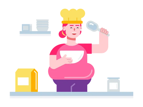 Waman holding a bowl of cake batter and stirring it  Illustration