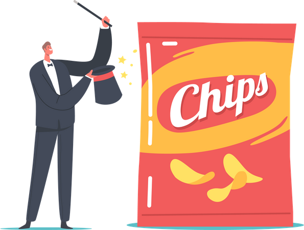 Wand Presenting Marketing Tricks with Chips Package Illustration