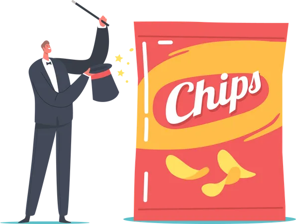 Tiny Magician Character With Wand Presenting Marketing Tricks With Huge Chips Package Performer Show Fake Product Packaging With Less Snack Inside Then In Usual Pack Cartoon Vector Illustration イラスト
