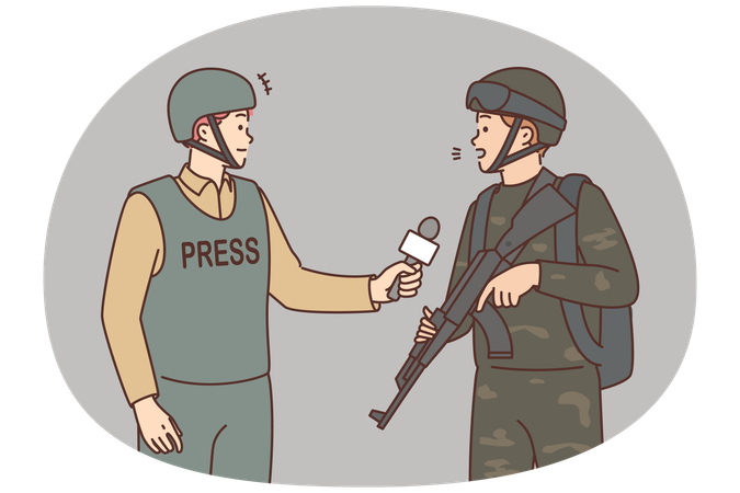 War journalist interviewing soldier  Illustration