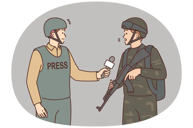 War journalist interviewing soldier  Illustration