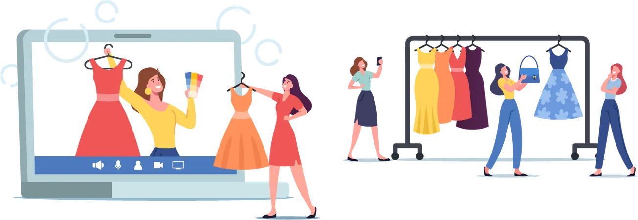 Wardrobe Consultant on Laptop Screen Advice to Women about Design Issues and Clients Clothes  Illustration