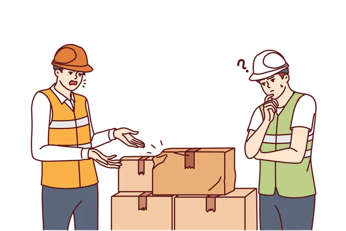 Warehouse Workers Near Cardboard Boxes Damaged In Transit Due To Improper Transportation Manager Scolds Subordinate For Damaging Goods In Boxes And Dropping Parcel While Unloading Car Illustration