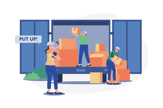 Warehouse manager ordering worker to load boxes in truck Illustration