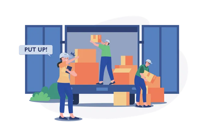 Warehouse manager ordering worker to load boxes in truck Illustration