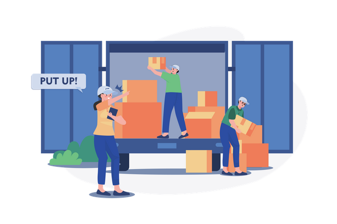 Warehouse manager ordering worker to load boxes in truck  Illustration