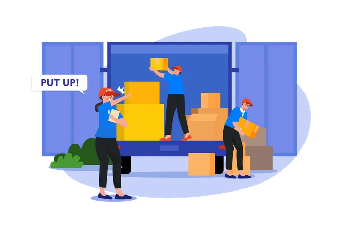 Warehouse manager ordering worker to load boxes in truck  Illustration