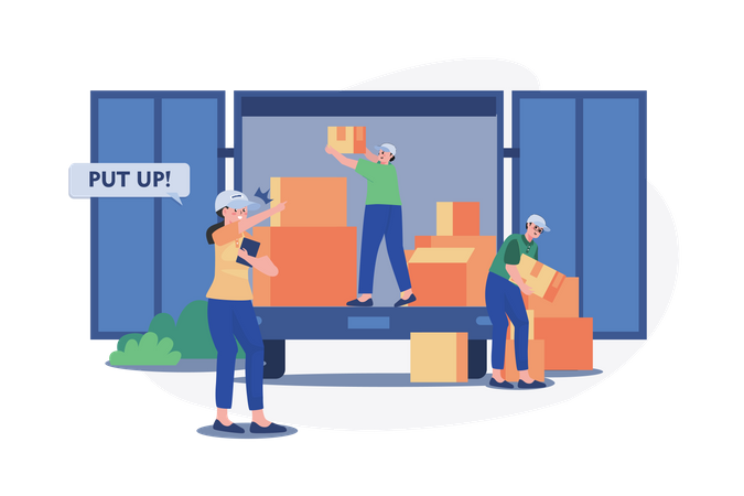 Warehouse manager ordering worker to load boxes in truck  Illustration