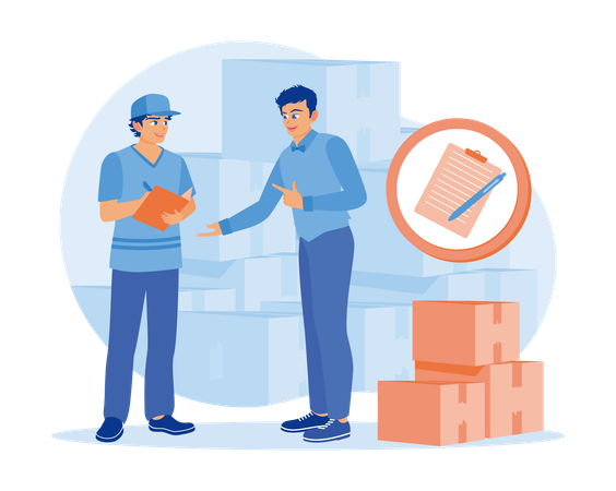 Warehouse manager signs bill of lading after receiving goods for delivery  Illustration