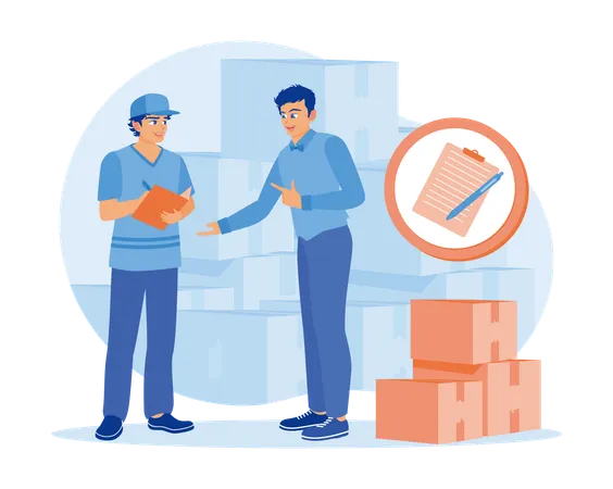 Warehouse manager signs bill of lading after receiving goods for delivery  Illustration